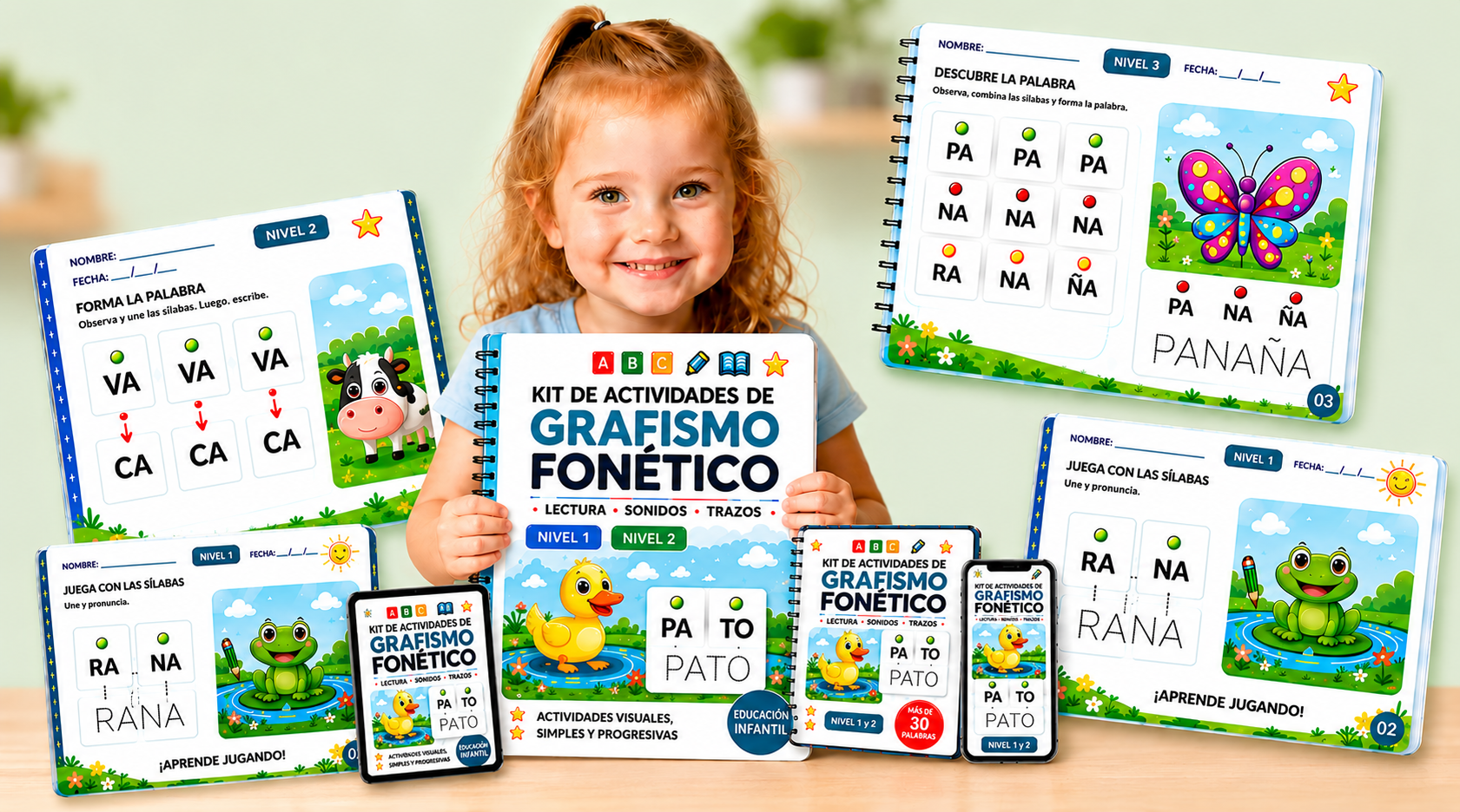 Niña con las actividades del kit